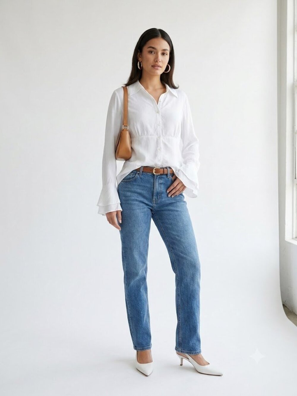 Cabi White Satin Sheen Button Front Blouse Bell Sleeve Y2K Inspired Size L
